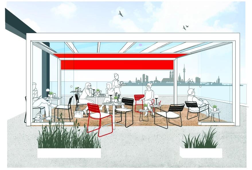 Illustration eines modernen Cafés mit Glasüberdachung und Stadtpanorama